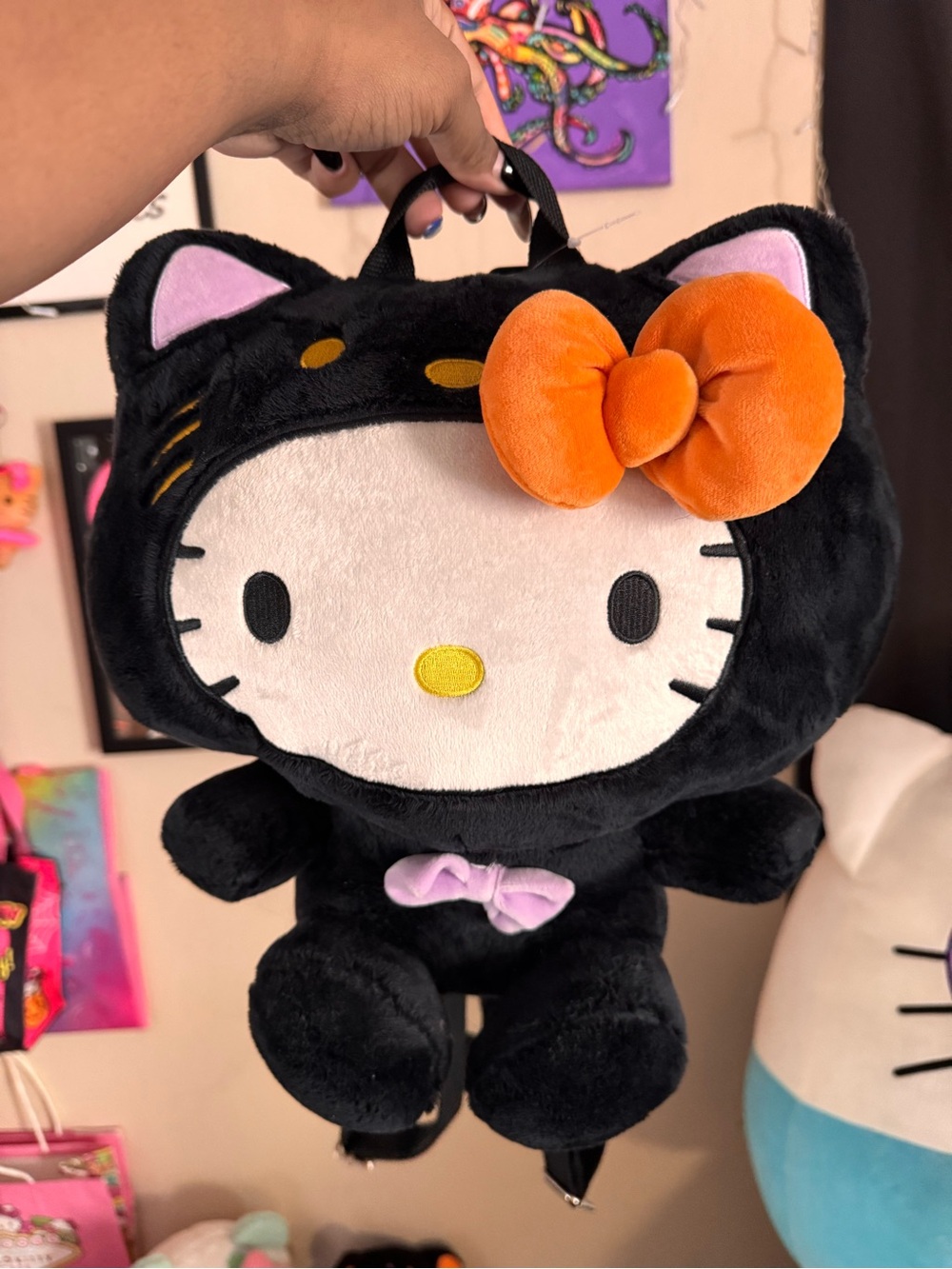 Hello Kitty Black Plush Halloween Backpack with Orange Bow